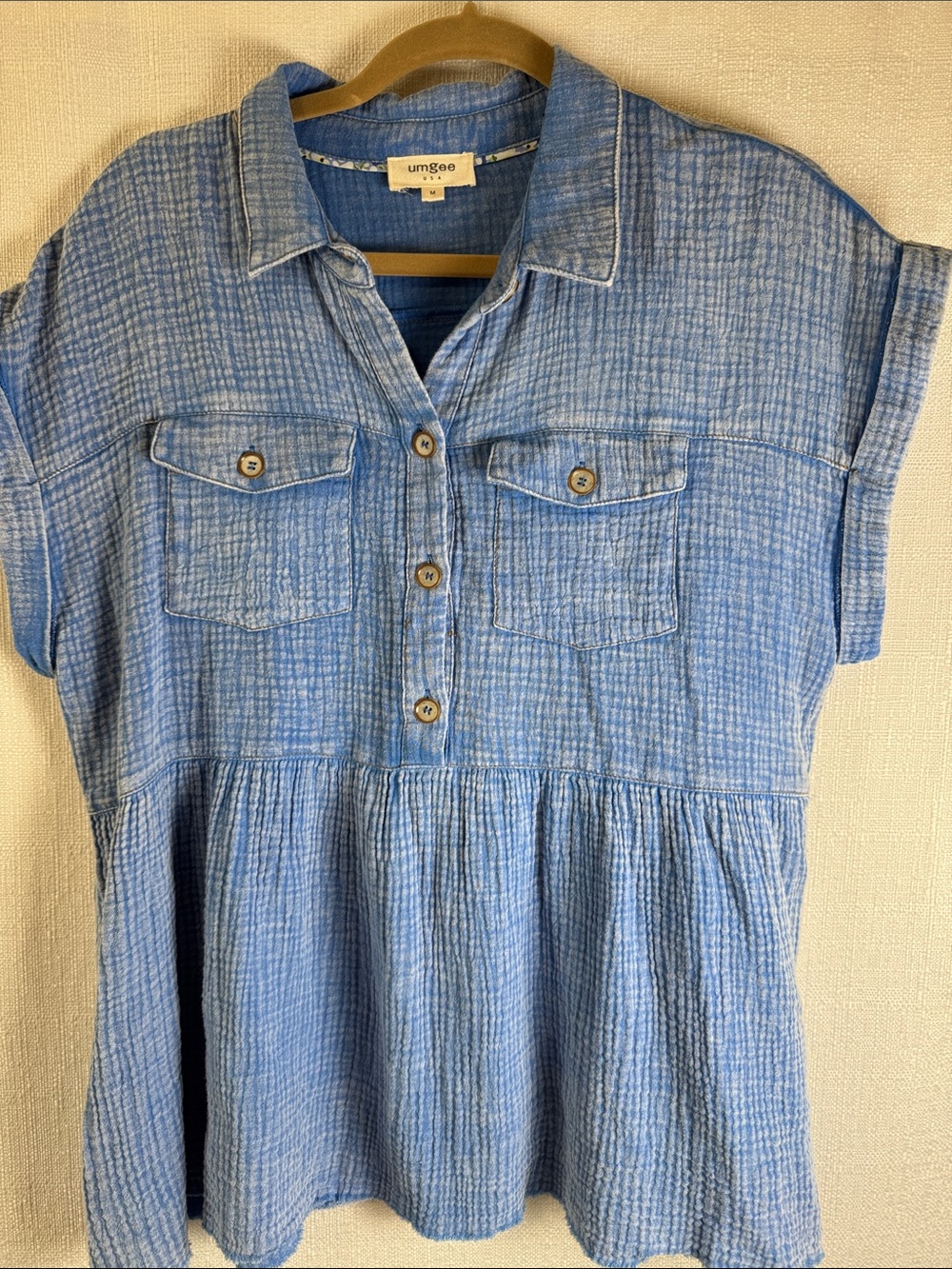 Umgee Cotton Gauze Babydoll Top Medium Blue Button Front Shirt - Picture 3 of 10
